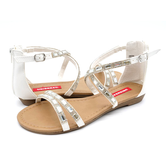 Union Bay Sandals Womens 6.5 White Flat Heel Strappy Rhinestone Embellished Shoe - Picture 1 of 9